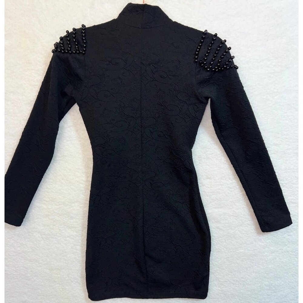 Carol Catugy Black Beaded Cocktail Dress w Sheer Plunge Neckline Embellished Med - Picture 2 of 9